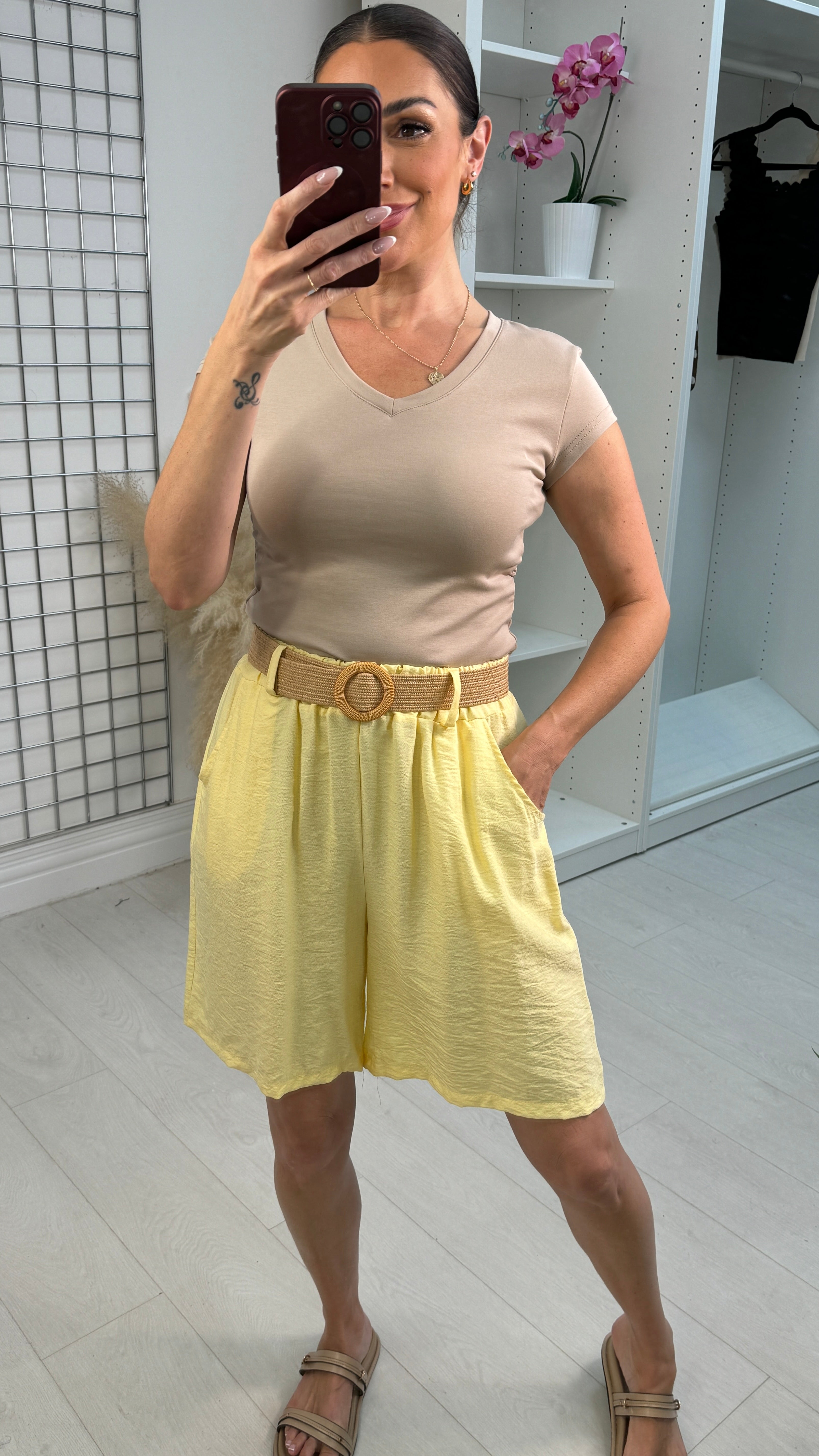 Nina Plain Elasticated Waist Belted Shorts