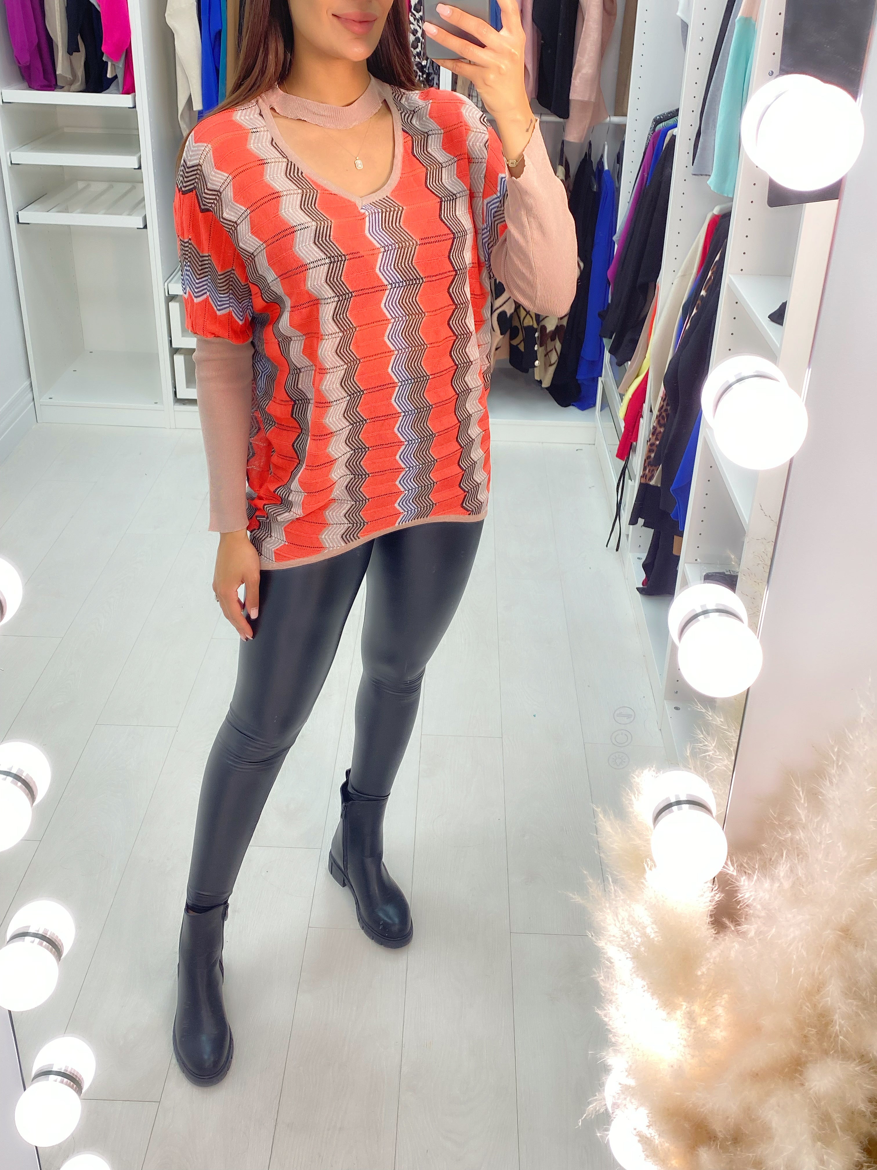 Eline Diagonal Zig Zag Sheer Choker Neck Top