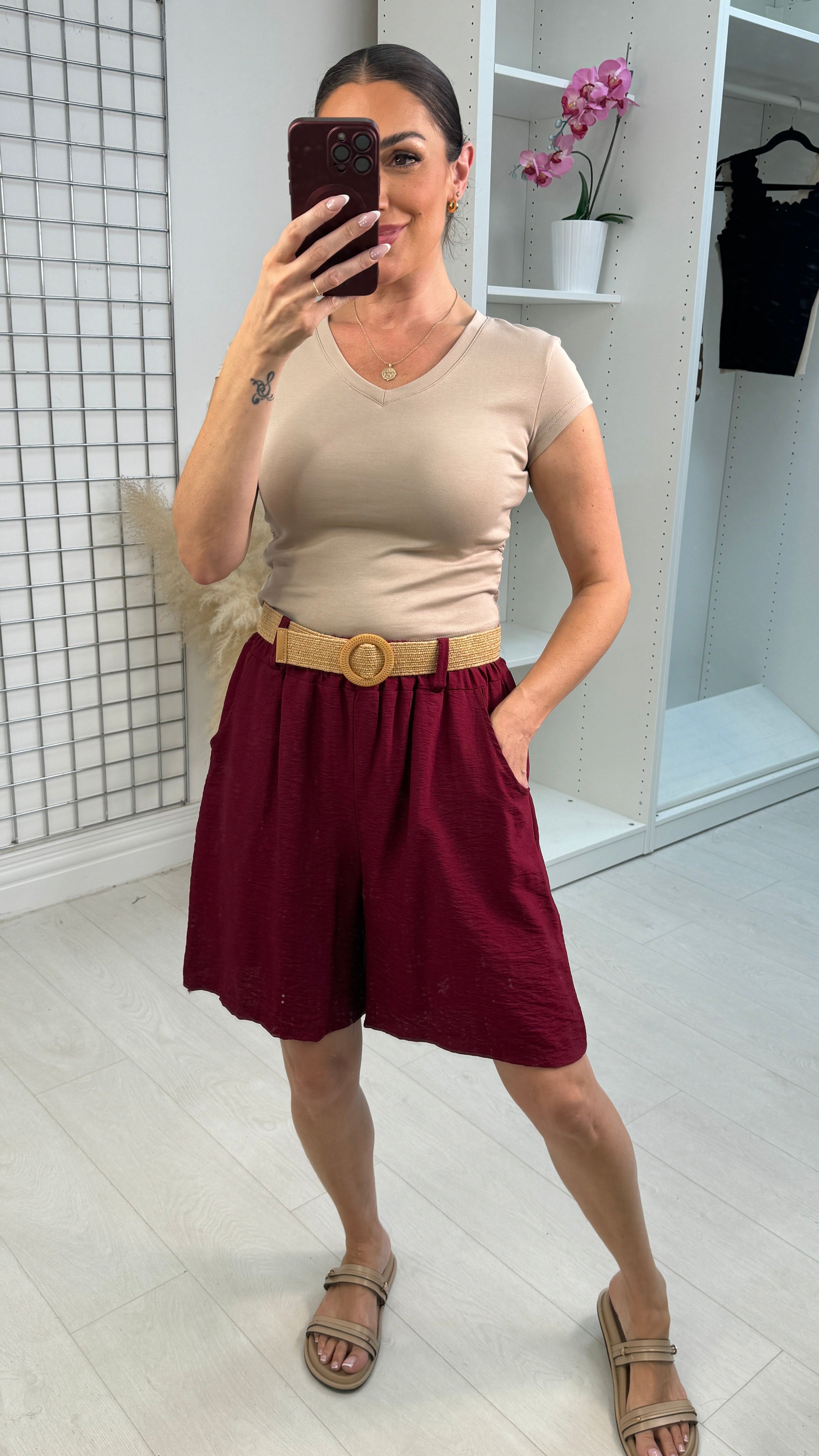 Nina Plain Elasticated Waist Belted Shorts
