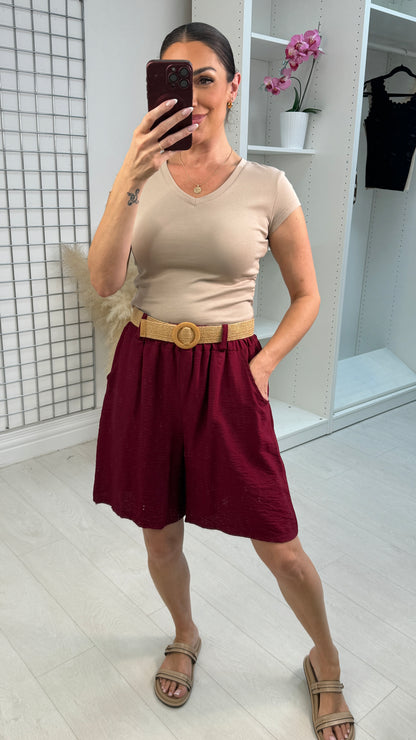 Nina Plain Elasticated Waist Belted Shorts
