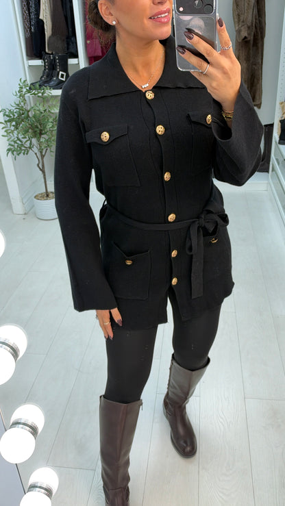 Danela Button Front Belted Longline Collared Jumper