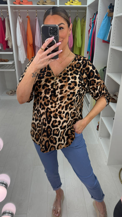 Rowena Leopard Print Zip Front Top
