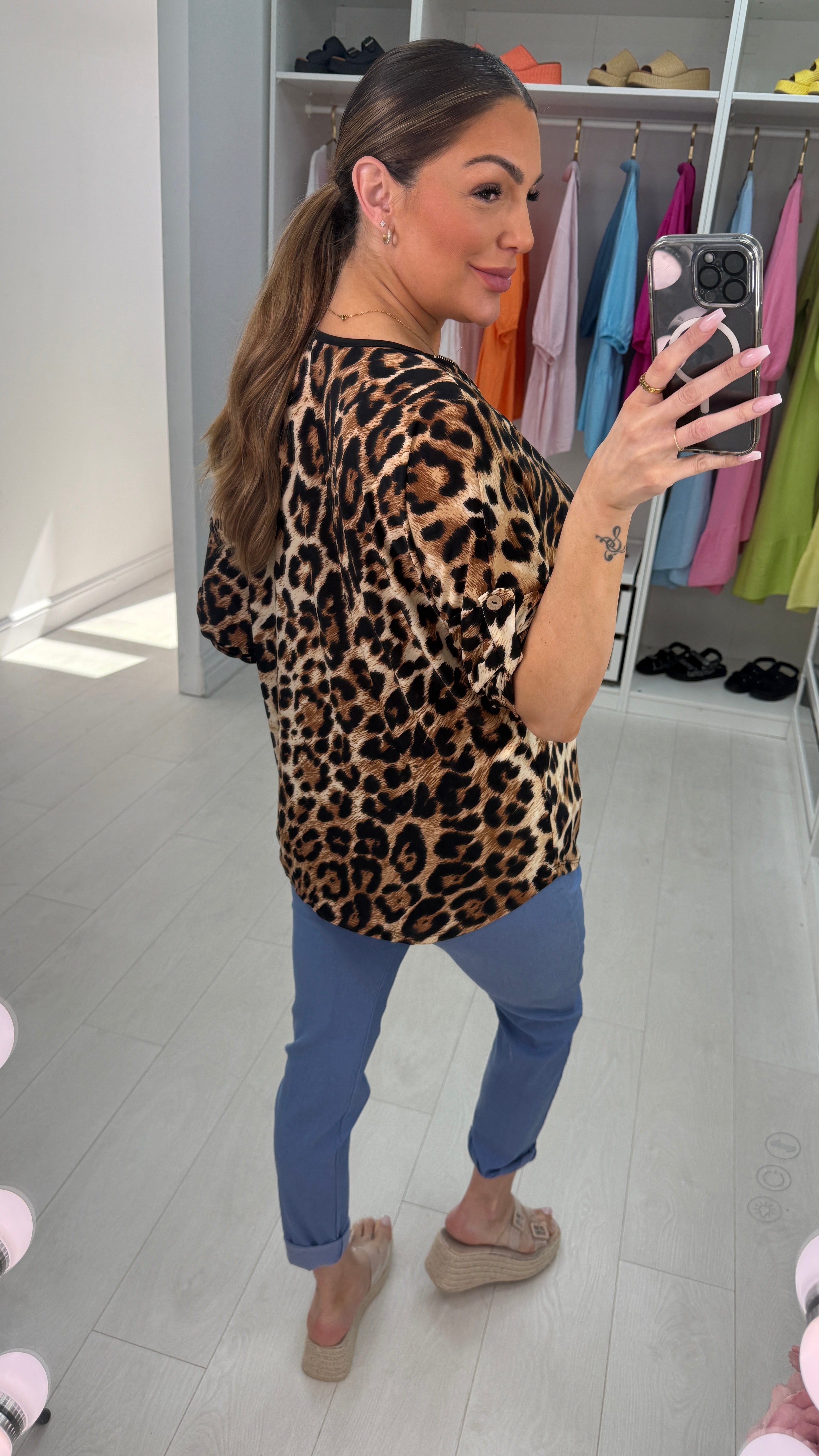 Rowena Leopard Print Zip Front Top