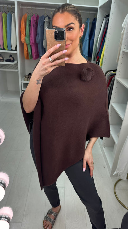 Martina Plain Pom Pom Brooch Asymmetric Poncho