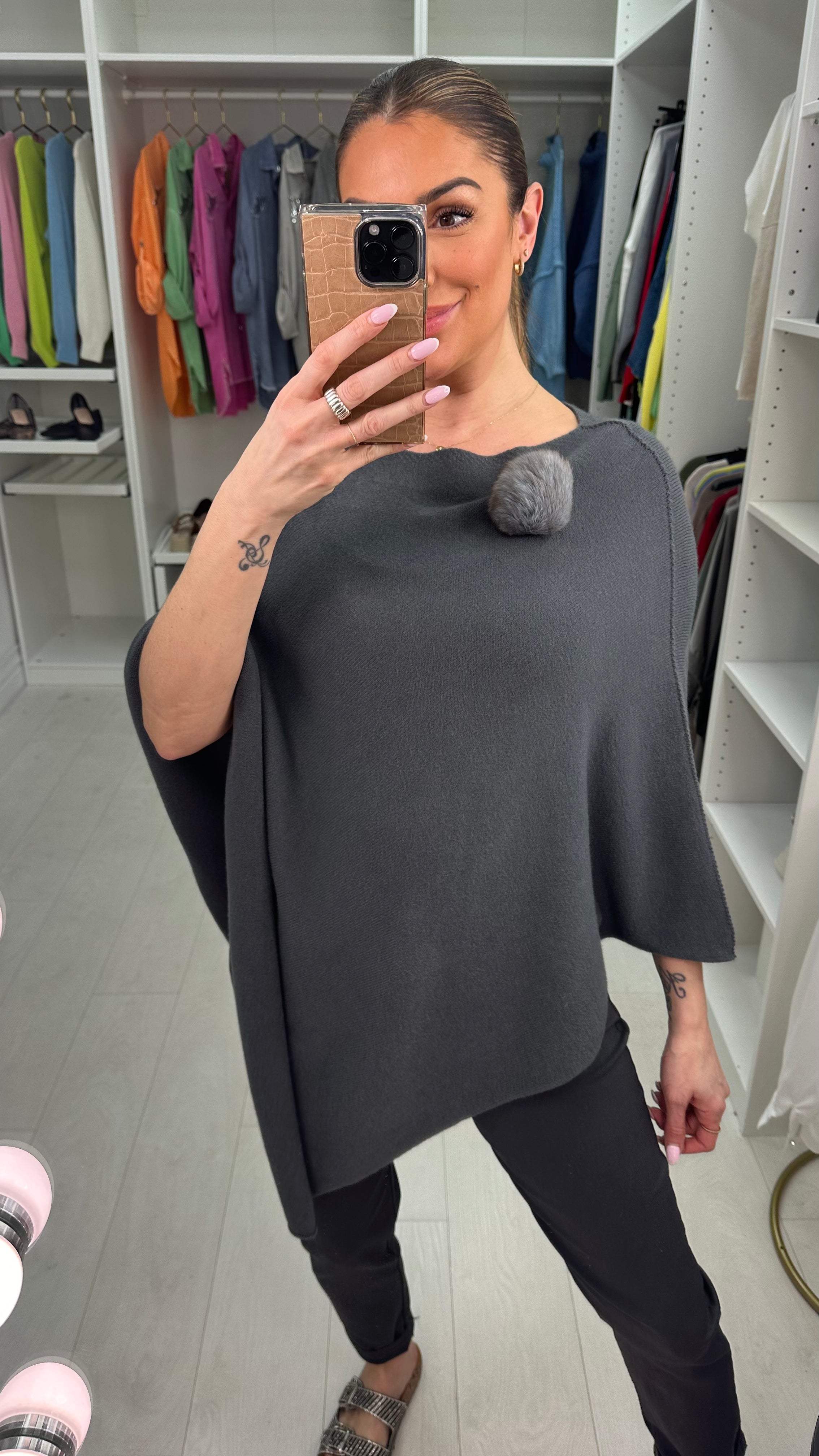 Martina Plain Pom Pom Brooch Asymmetric Poncho