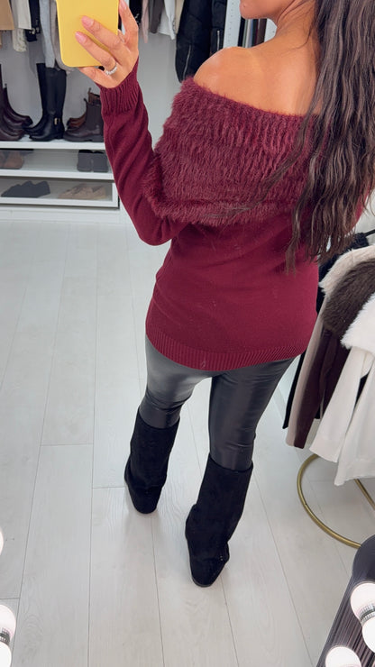 Tabianna Plain Fluffy Bardot Knit Jumper