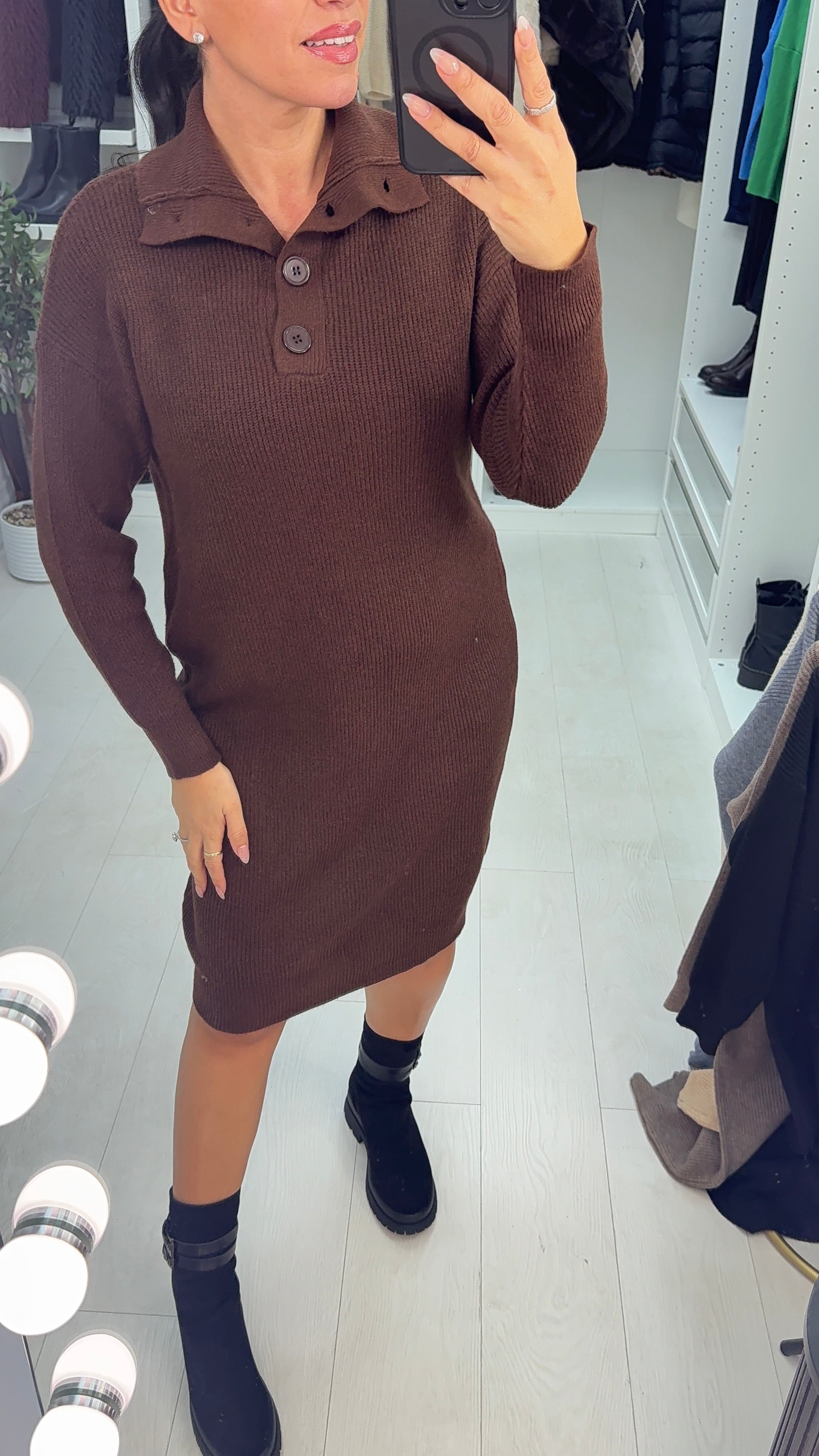 Viola High Neck Button Detail Jumper Dress