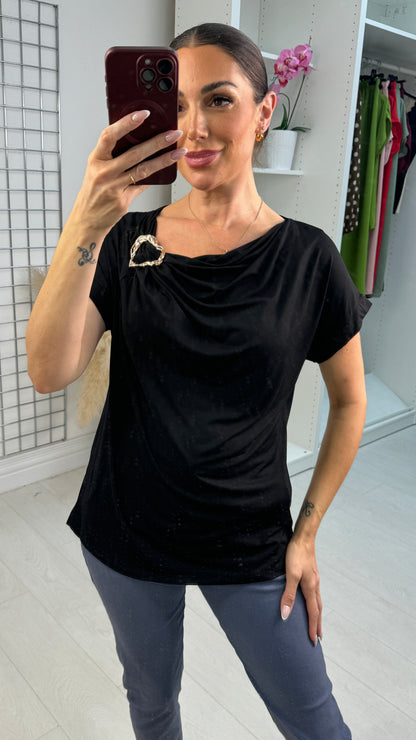 Beth Plain Metallic Detailed Cowl Neck Top