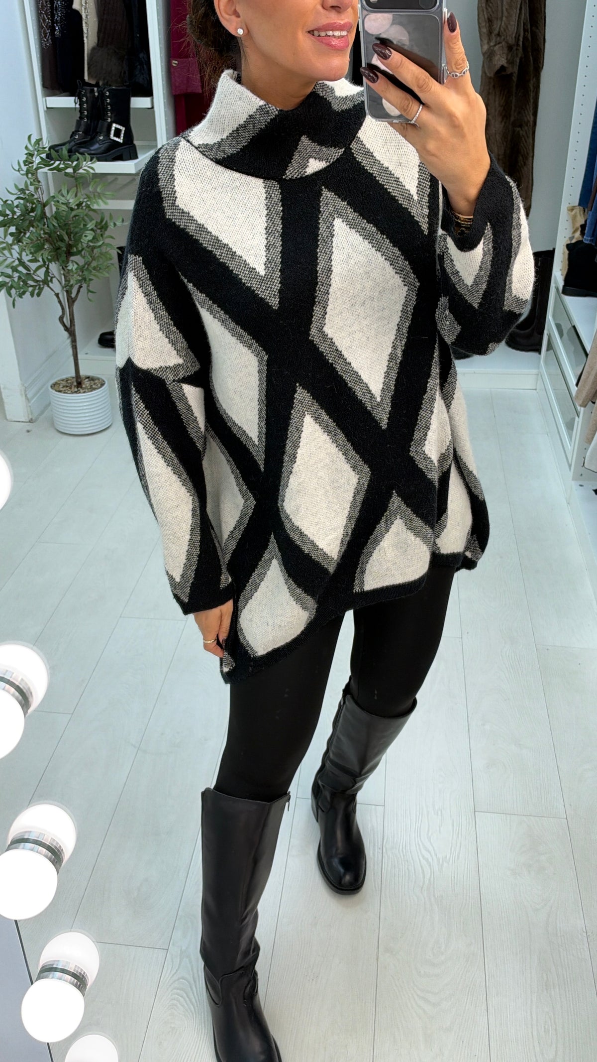 Naya Diamante Print High Neck Longline Jumper