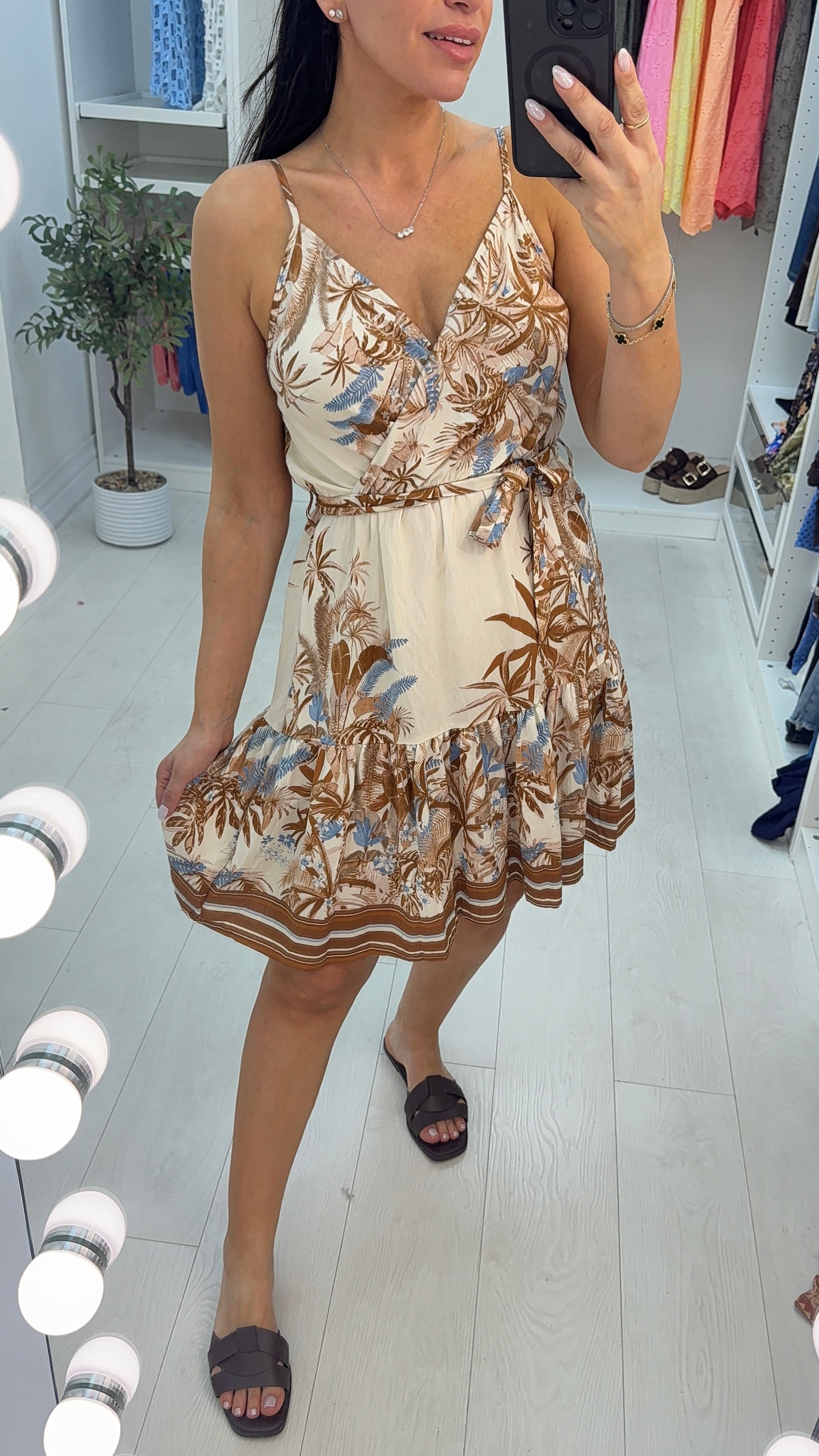 Larsa Palm Tree Print Strappy Midi Dress