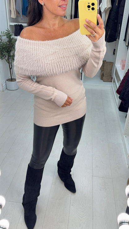 Tabianna Plain Fluffy Bardot Knit Jumper