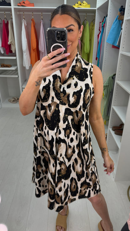 Kaiya Gold Detail Leopard Print Midi Dress