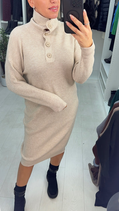 Viola High Neck Button Detail Jumper Dress