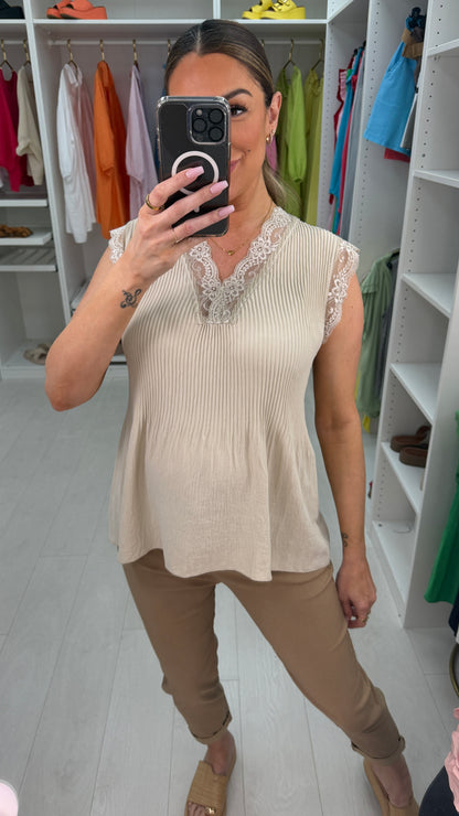 Elona Plain Ribbed Lace Trim Top