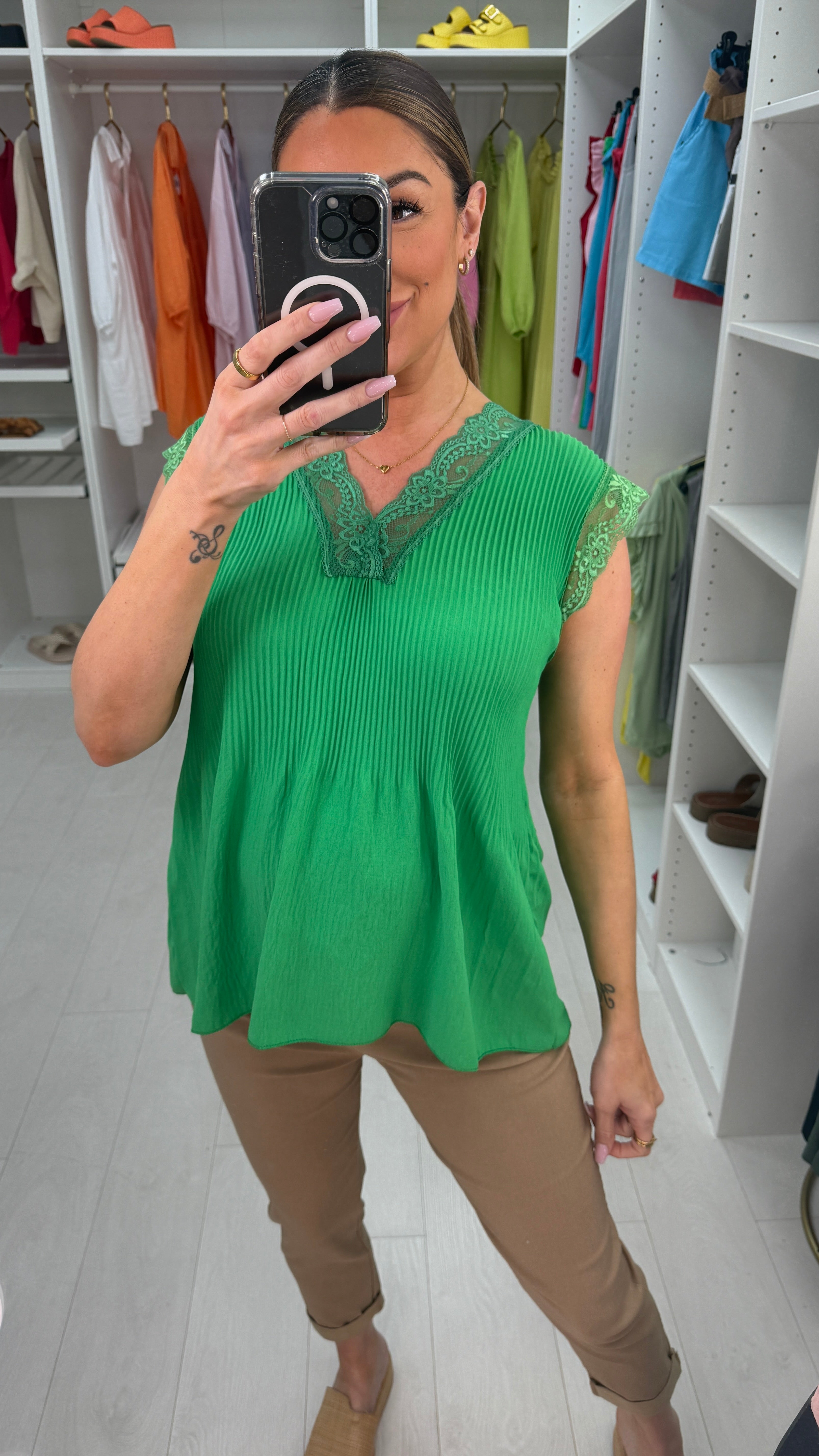 Elona Plain Ribbed Lace Trim Top