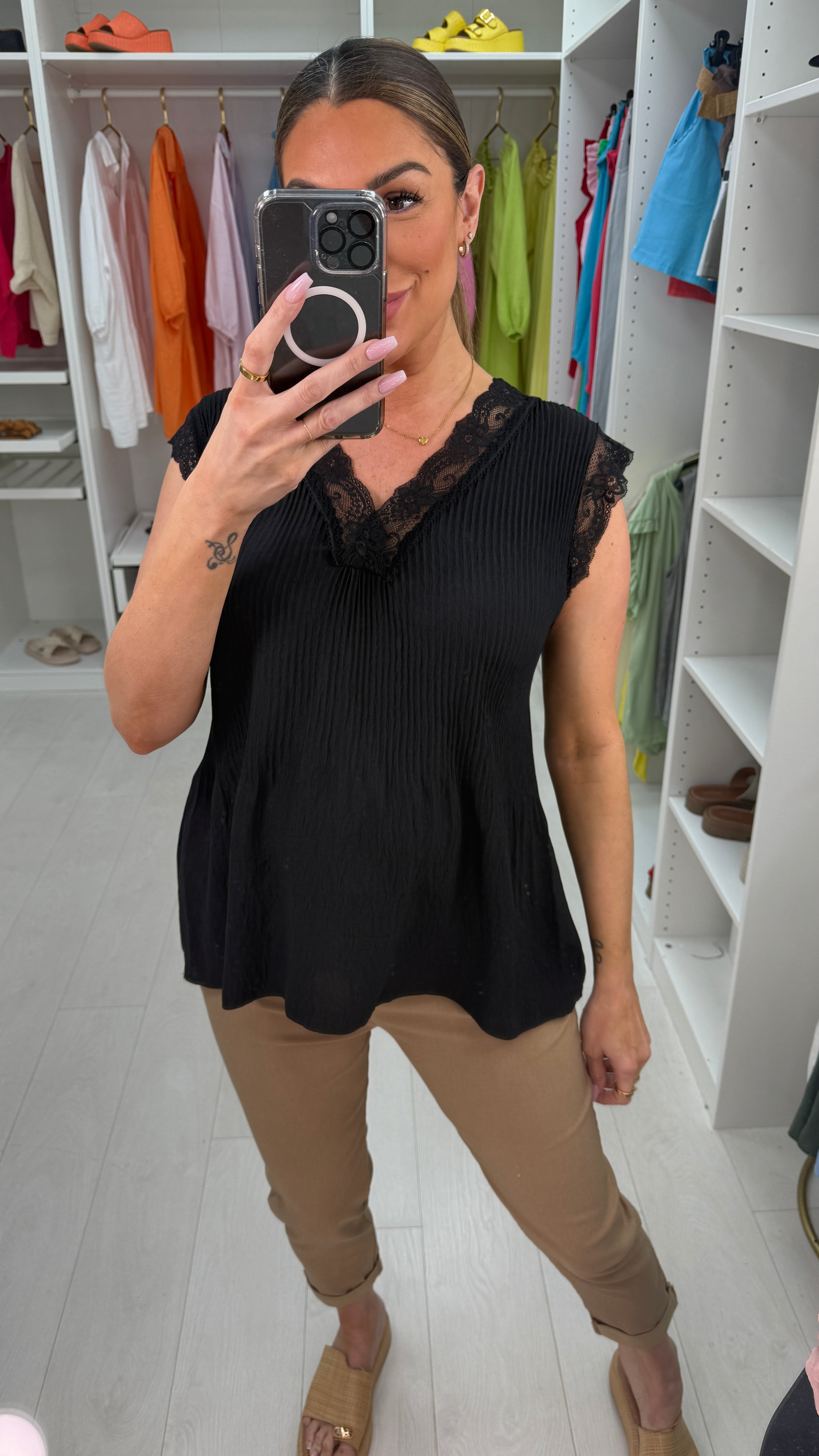 Elona Plain Ribbed Lace Trim Top