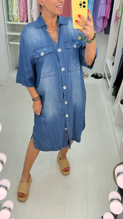 Kayley Denim Button Front Loose Fit Maxi Shirt Dress