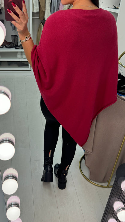 Martina Plain Pom Pom Brooch Asymmetric Poncho