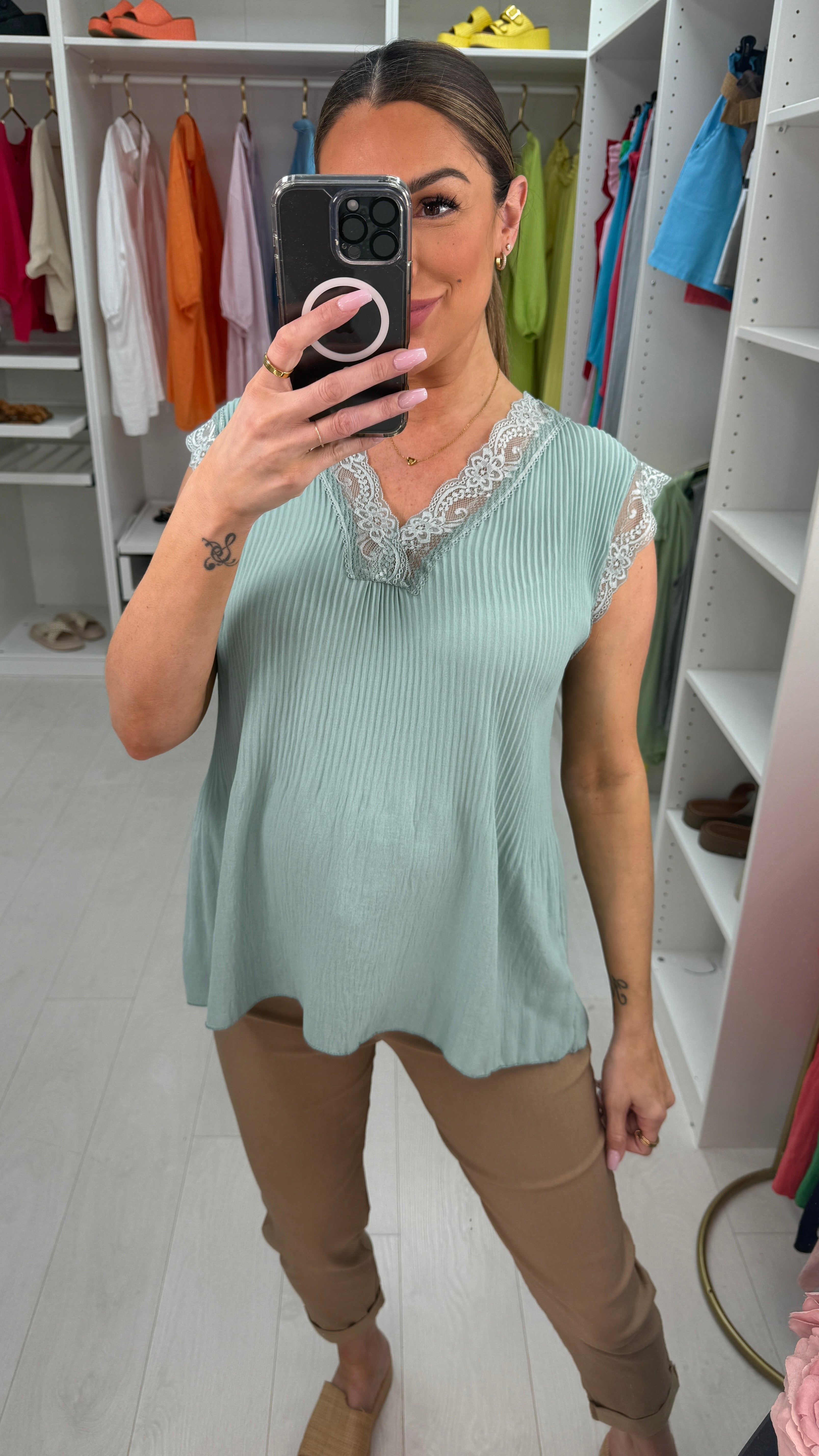 Elona Plain Ribbed Lace Trim Top