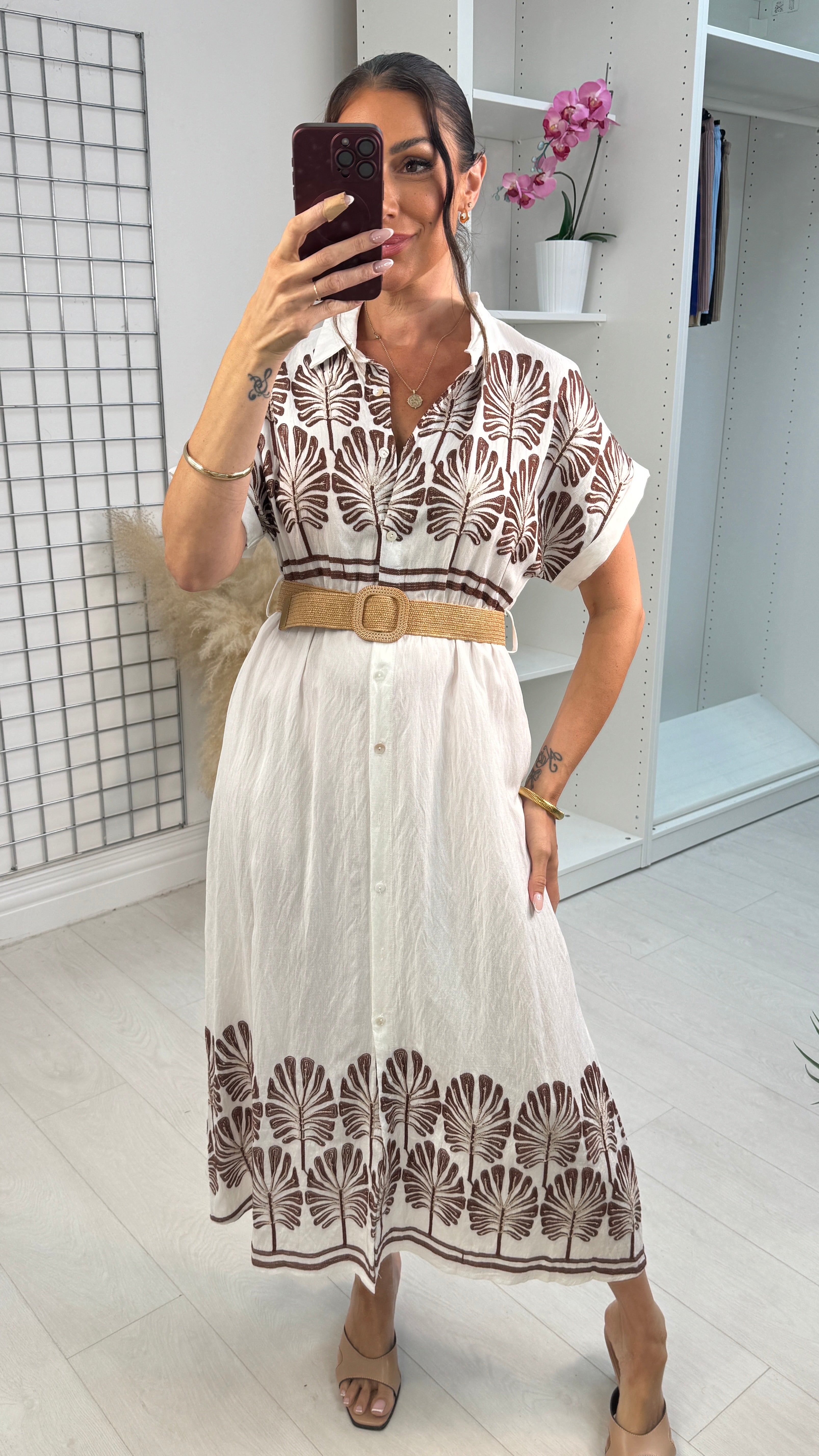 Antonia Embroidered Detail Belted Shirt Dress