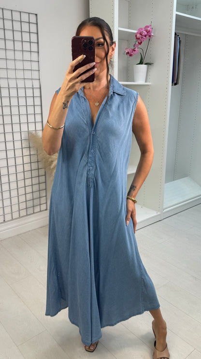 Zariah V Neck Loose Fit Denim Maxi Dress