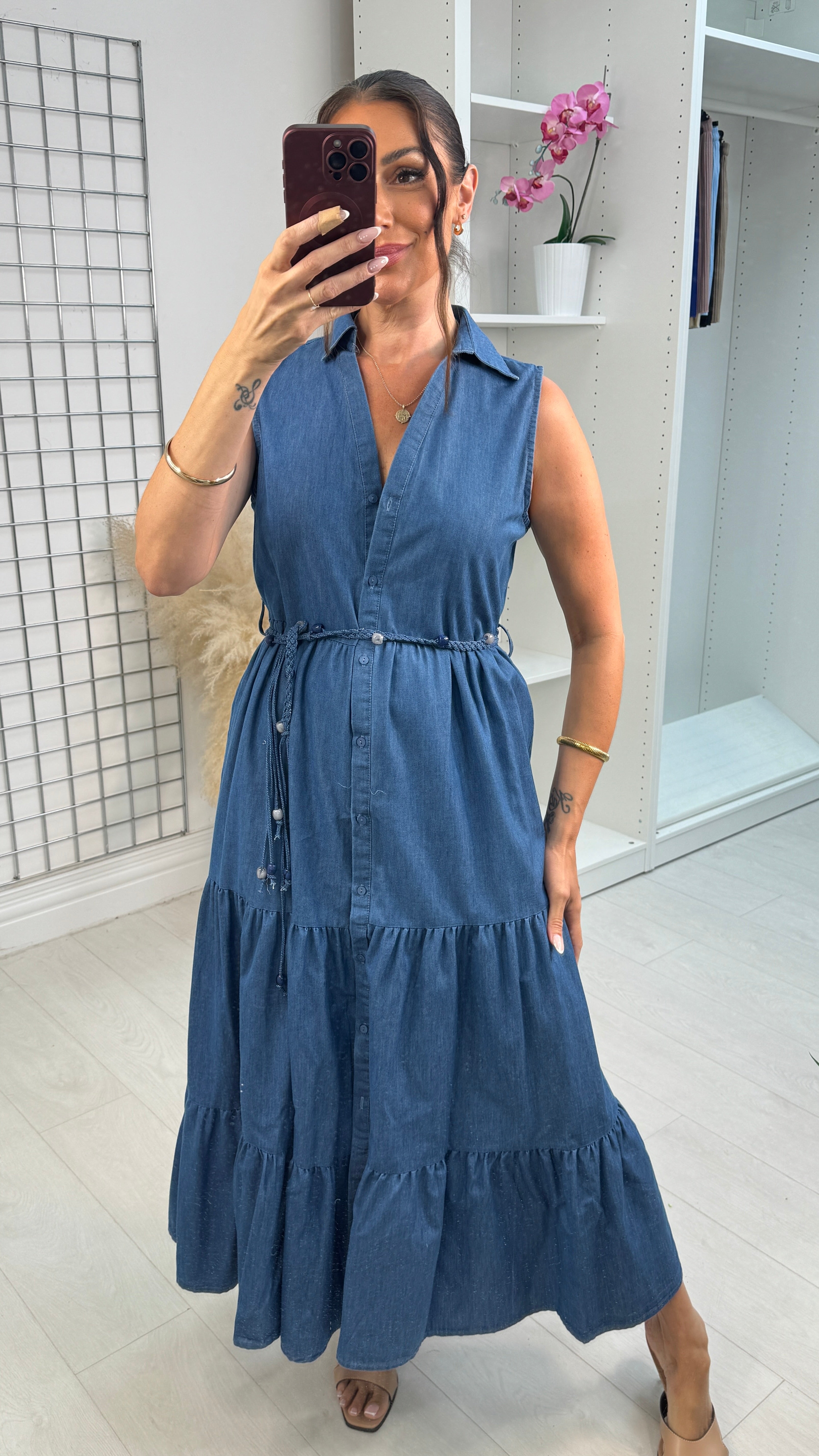 Rosalyn Belted Denim Maxi Smock Dress