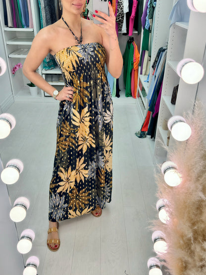 Sally Elasticated Bust Leaf Print Bandeau Maxi Dress