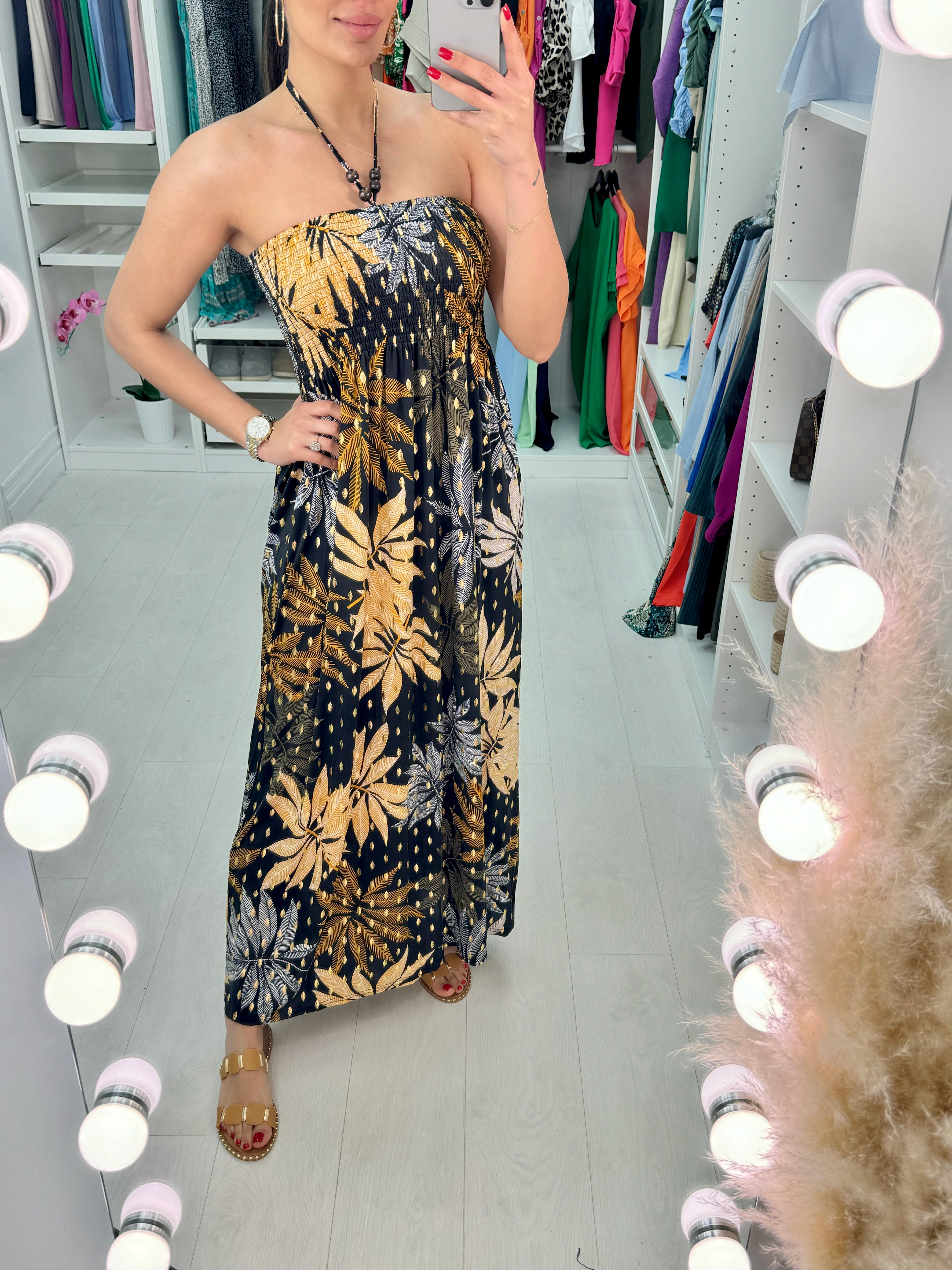 Sally Elasticated Bust Leaf Print Bandeau Maxi Dress