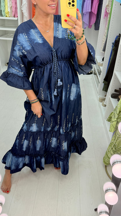 Suki Denim Tie Dye Embellished Maxi Dress