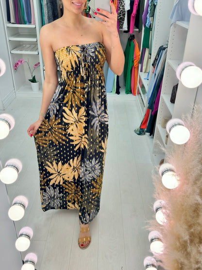 Sally Elasticated Bust Leaf Print Bandeau Maxi Dress