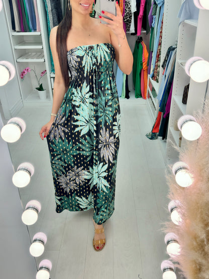Sally Elasticated Bust Leaf Print Bandeau Maxi Dress