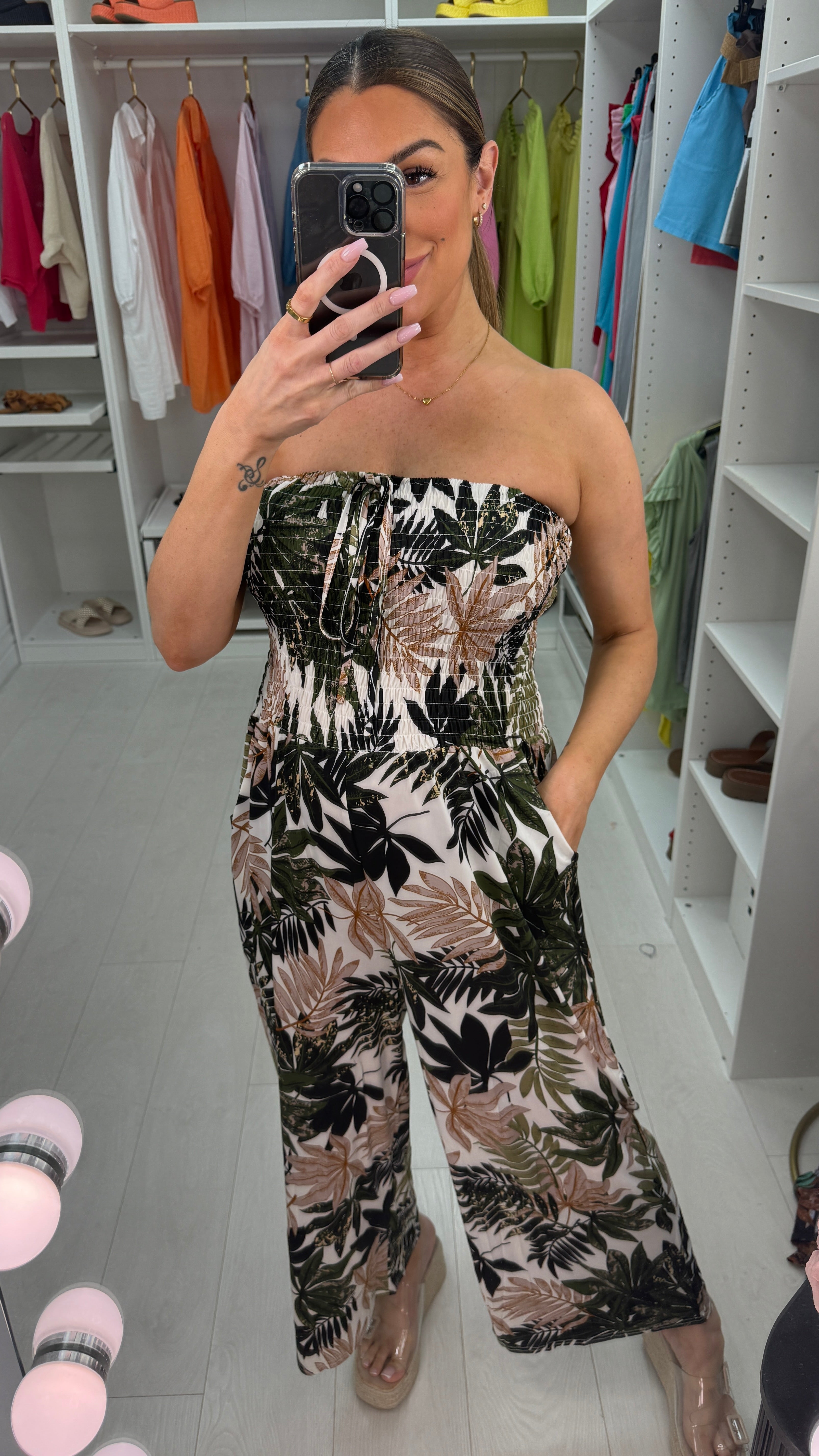 Ramy Leaf Print Elasticated Bust Magic Jumpsuit