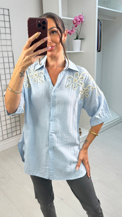 Lucretia Plain Floral Embellished Linen Shirt