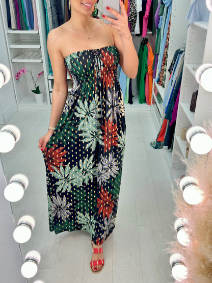 Sally Elasticated Bust Leaf Print Bandeau Maxi Dress