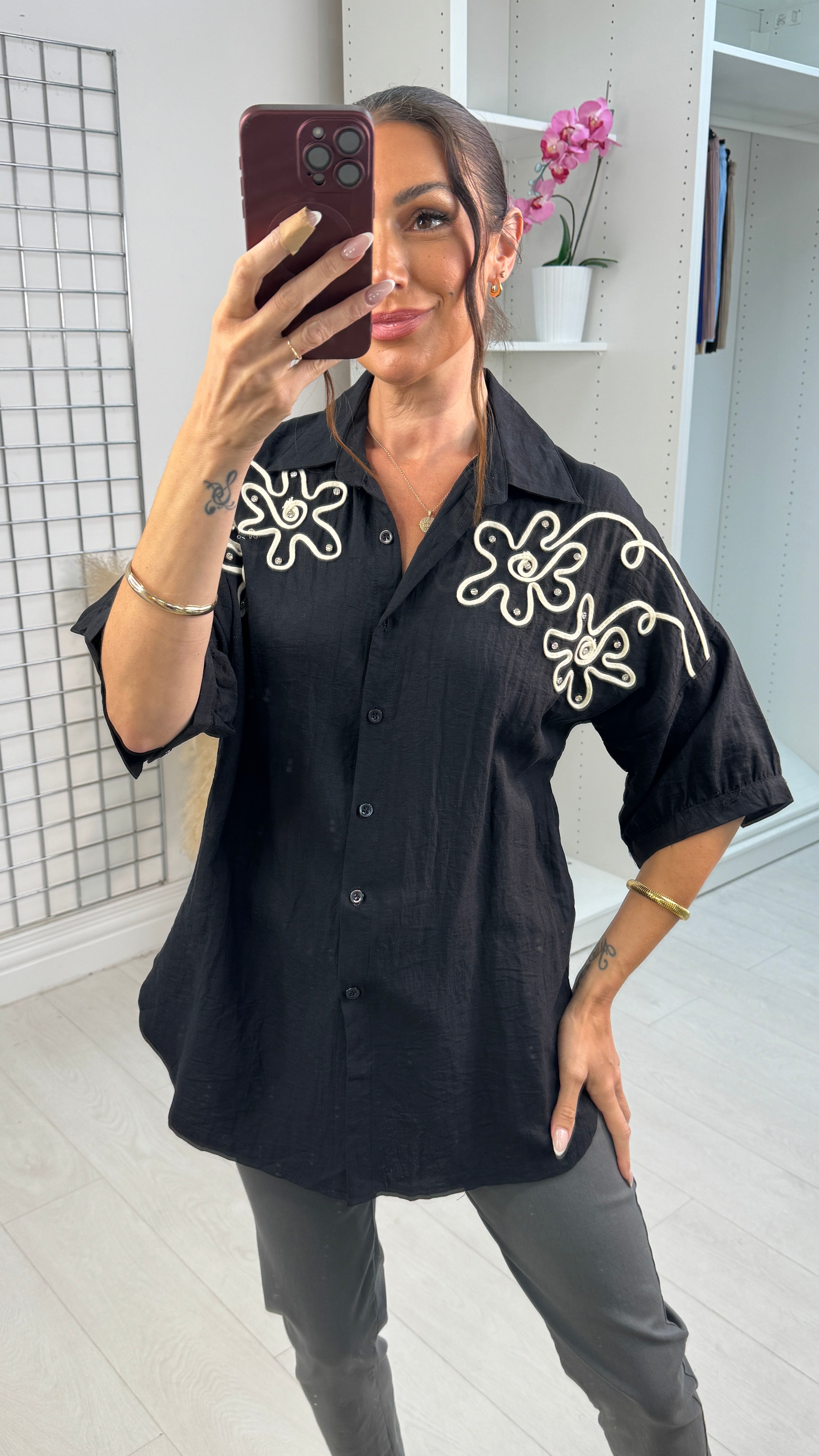 Lucretia Plain Floral Embellished Linen Shirt