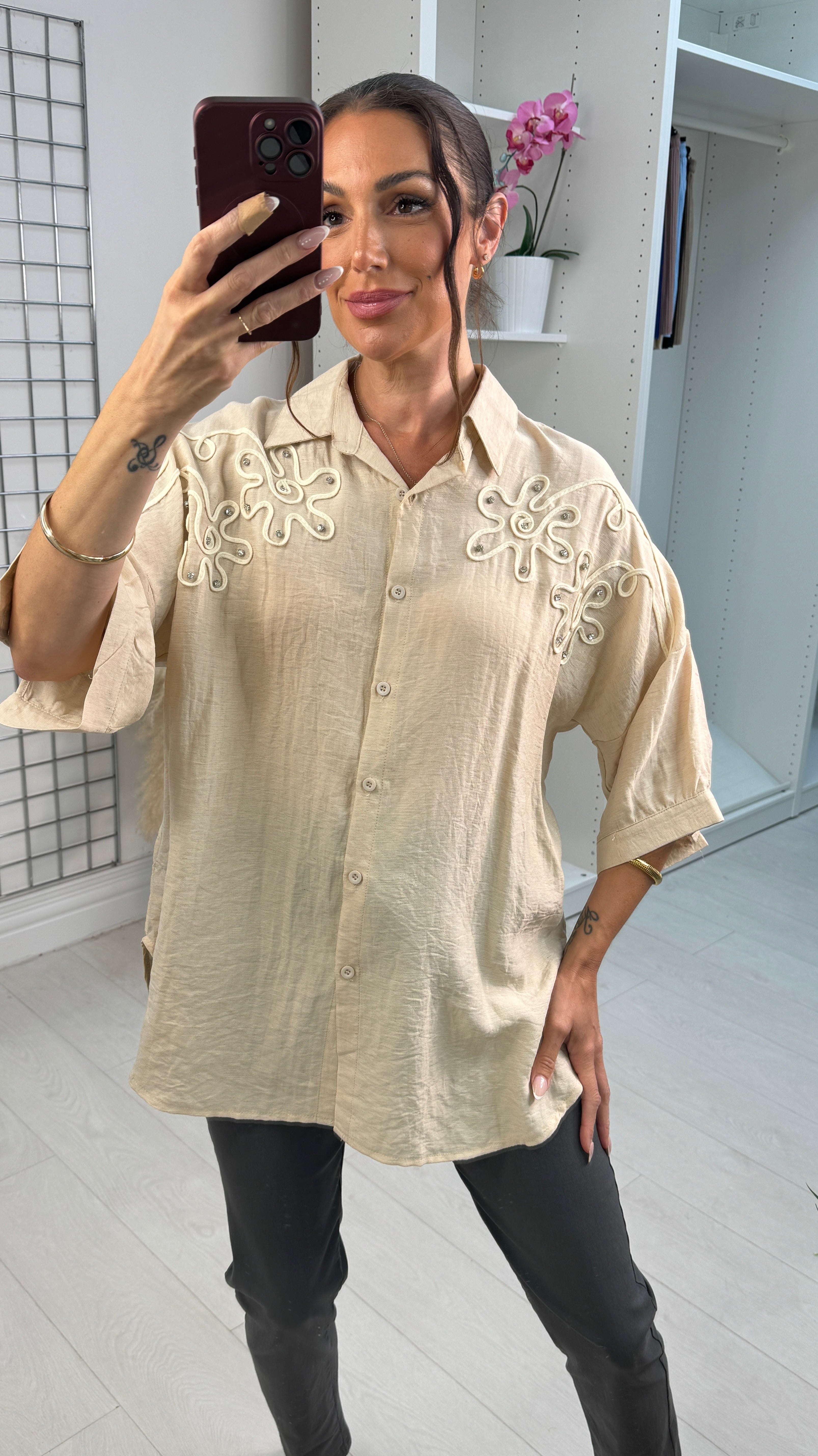 Lucretia Plain Floral Embellished Linen Shirt