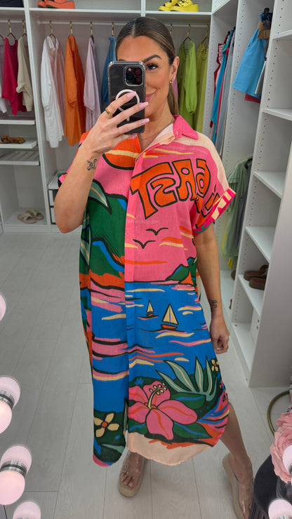 Keeley Beach Print Loose Fit Shirt Dress