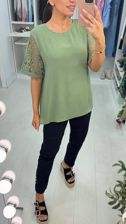 Felita Crochet Short Sleeve Crepe Top