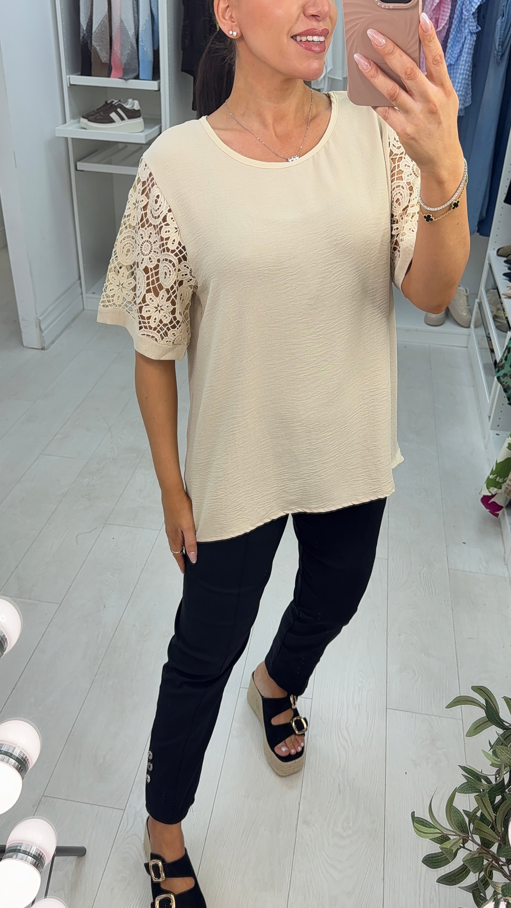 Felita Crochet Short Sleeve Crepe Top