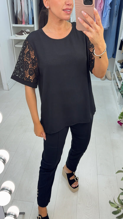 Felita Crochet Short Sleeve Crepe Top