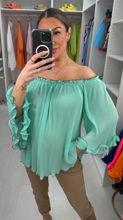 Elyse Pleated Ruffle Curl Bardot Top
