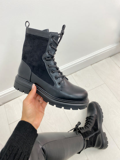 Matheo Faux Suede Detail Lace Up Biker Boot