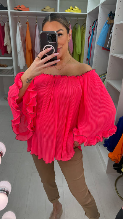 Elyse Pleated Ruffle Curl Bardot Top