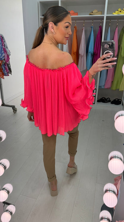 Elyse Pleated Ruffle Curl Bardot Top