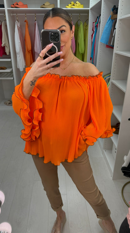 Elyse Pleated Ruffle Curl Bardot Top