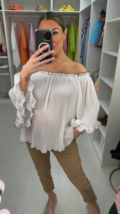 Elyse Pleated Ruffle Curl Bardot Top