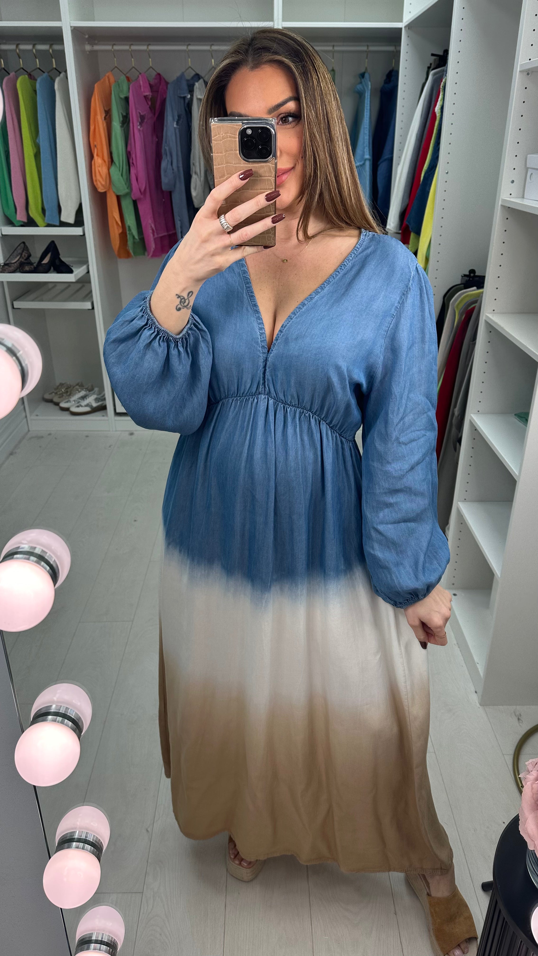 Julia Deep V Neck Denim Ombre Maxi Dress