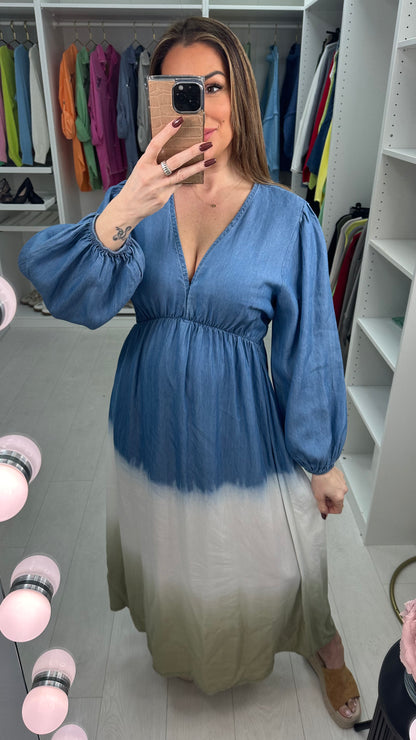Julia Deep V Neck Denim Ombre Maxi Dress