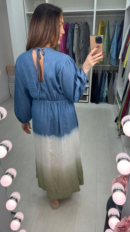 Julia Deep V Neck Denim Ombre Maxi Dress