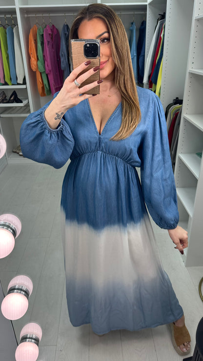 Julia Deep V Neck Denim Ombre Maxi Dress